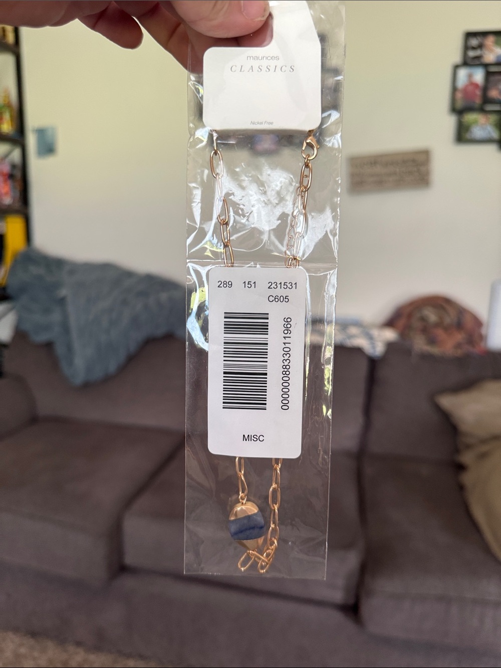 Maurices Gold-Tone Chain Necklace with Blue and White Stone Charm